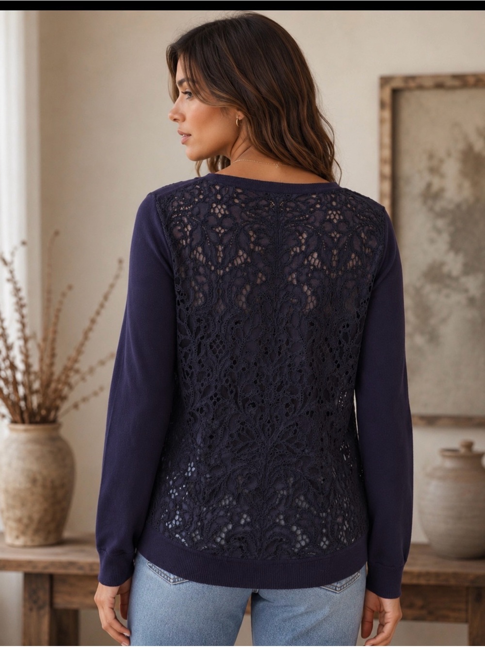 Diane Von Furstenberg Lace Back Long Sleeve Top - Navy/black